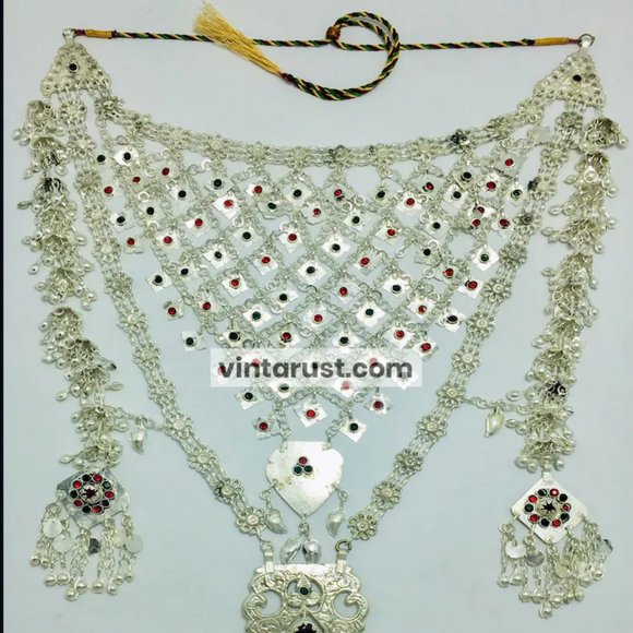 Massive Silver Kuchi Bib Necklace, Tribal Bib Necklace With Dangling Tassels - Picture 2 of 9